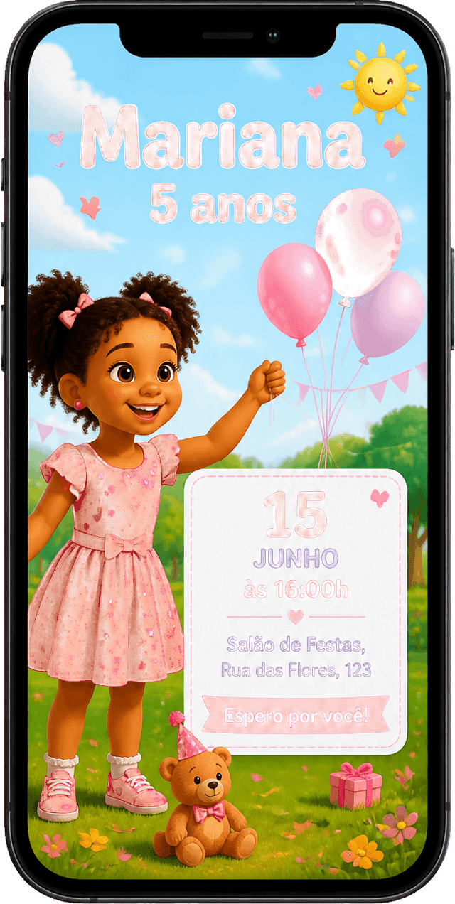 Example of a personalized animated invitation on a phone: Mariana, 5 years old, with the party date and venue